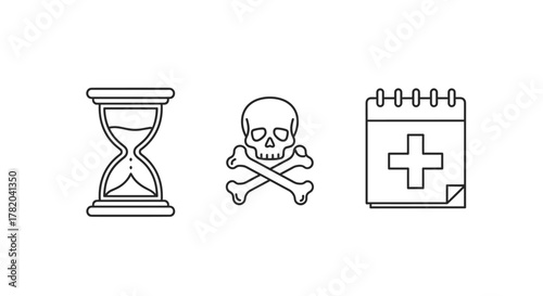 Set of three minimalist outline icons representing time, mortality, and health: an hourglass symbolizing the passage of time, a skull and crossbones signifying danger or death, and a calendar page