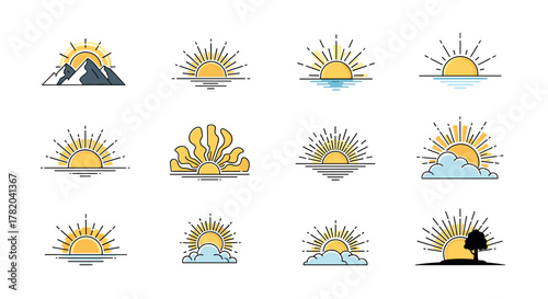 Collection of stylized sunrise and sunset vector illustrations, featuring a sun rising over mountains, water, clouds, and a lone tree, presented as clean line art icons on a white background, perfect