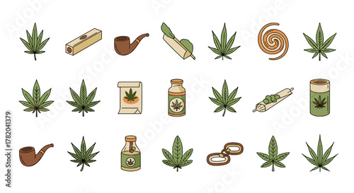 A vibrant and diverse collection of cannabis-themed icons, featuring stylized marijuana leaves, smoking accessories like pipes and joints, medicinal bottles, and a unique spiral design, all rendered