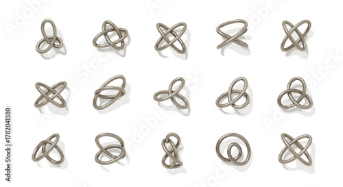 A collection of 15 minimalist abstract 3D rendered designs featuring intertwined metallic elements, presented as a clean line icon set against a pure white background, ideal for modern graphic