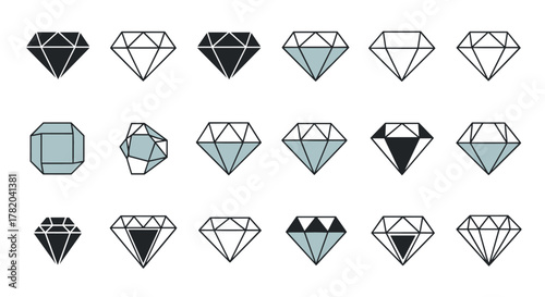 Modern Minimalist Diamond Logo Icon Collection: A Set of 15 Diverse Gemstone Graphics, Featuring Geometric Shapes, Outline Styles, and Solid Fill Designs in Black and Light Blue Tones, Perfect for