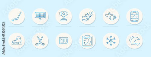 Ice hockey set icon. Circular outlined icons showing puck, stick, goal, skates, whistle, tactics, snowflake, scoreboard, trophy, and air hockey table in minimalist line style