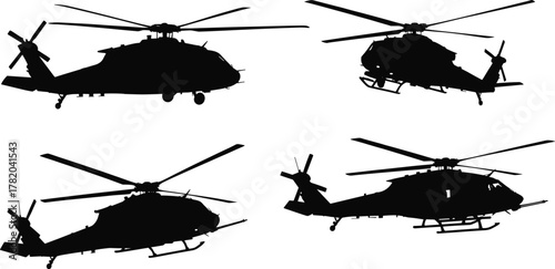 Black military helicopter silhouette collection, detailed aviation vector illustration set, combat and transport aircraft design elements for defense, flight, and aviation concepts