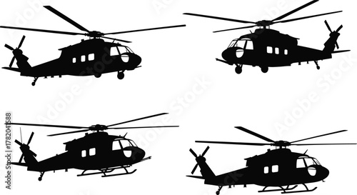 Black helicopter silhouette collection, detailed vector illustration of military and rescue aircraft, aviation design elements for transport, flight, travel, and defense concepts