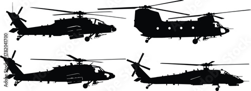 Black military helicopter silhouette collection, detailed combat and transport aircraft vector illustration set, aviation design elements for defense, war, flight, and army operations concepts