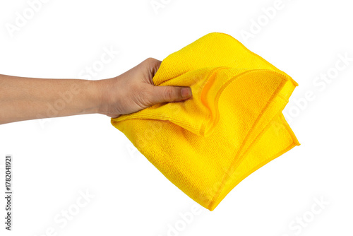 Yellow fiber cleaning cloth, new cloth ready to use on hand, transparent background