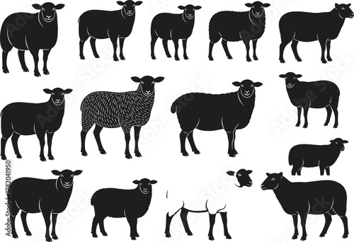 Black sheep silhouette set, various poses, wool texture styles, farm animal vector collection, minimal design, editable, isolated, commercial use, graphic elements