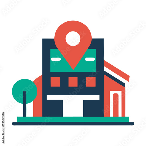 Shopping mall map icon with building and location pin in colorful vector