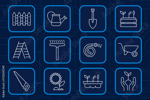Gardening set icon. Fence, watering can, shovel, rake, wheelbarrow, ladder, hose, saw, sunflower, seedling, hand care, growth, agriculture, backyard work.
