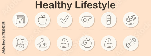 Healthy lifestyle set icon. Scale, apple, check mark, whistle, bottle, dumbbells, body, yoga, muscle, diet, fitness, arm flex.