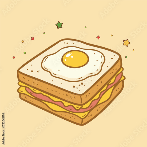 Delicious Fried Egg Sandwich – Cute Ham and Cheese Breakfast Cartoon Vector