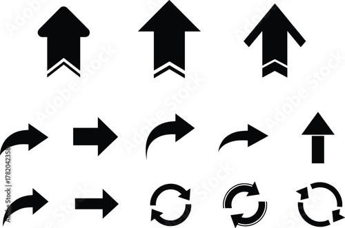 Black vector illustration collection of directional arrows, rotation symbols, and navigation signs for road, transport, and graphic user interface design