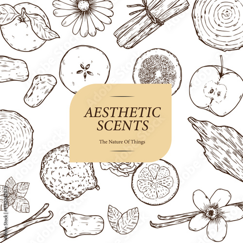 Hand drawn aromatic natural ingredients outline drawing illustration