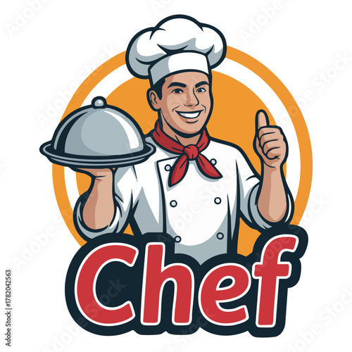 Smiling chef in uniform holding silver cloche and giving thumbs up cooking food 1