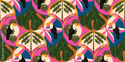Tropical toucan and monstera leaf vector seamless pattern with pink, navy blue and green tones — exotic jungle illustration for fabric prints, wallpapers, packaging and summer-themed design projects.