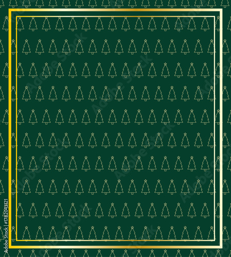 Patrón navideño de árbol de navidad con marco dorado en fondo verde