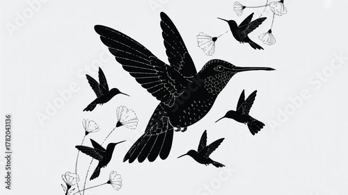 A black and white illustration featuring multiple hummingbirds in various poses and positions 
