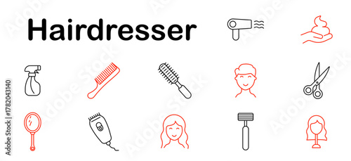 Hairdresser set icon. Spray, scissors, comb, razor, dryer, barber, mirror, girl, shampoo, boy, haircut, beauty, grooming, style, salon, hair tool.