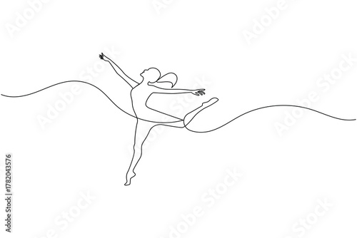 Ballet dancer performing graceful pose in one line minimalist drawing style