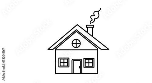 Simple line art illustration of a house with smoke coming from the chimney, featuring a circular window with a cross, two square windows, and a door, representing real estate and home concepts in a