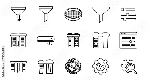 Collection of black line art filter icons and related symbols on a clean white background, representing filtration, purification, and settings adjustments for various applications in technology and