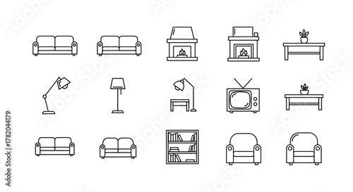 Set of living room furniture icons, including sofas, armchairs, coffee tables, fireplaces, bookshelves, floor lamps, and a vintage television, presented as clean, editable stroke outlines on a white