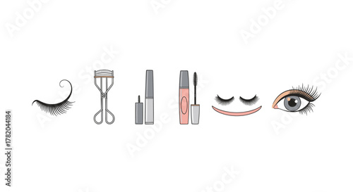 A minimalist vector illustration set featuring essential eyelash beauty tools and elements, including a lash curler, mascara tubes, false lashes, and a detailed eye, all presented on a clean white