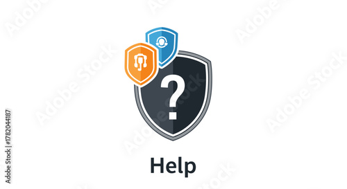 Set of support icons featuring a question mark shield, a headset icon, and a customer service icon, symbolizing help, call center, hotline, live chat, assistance, technical support, communication