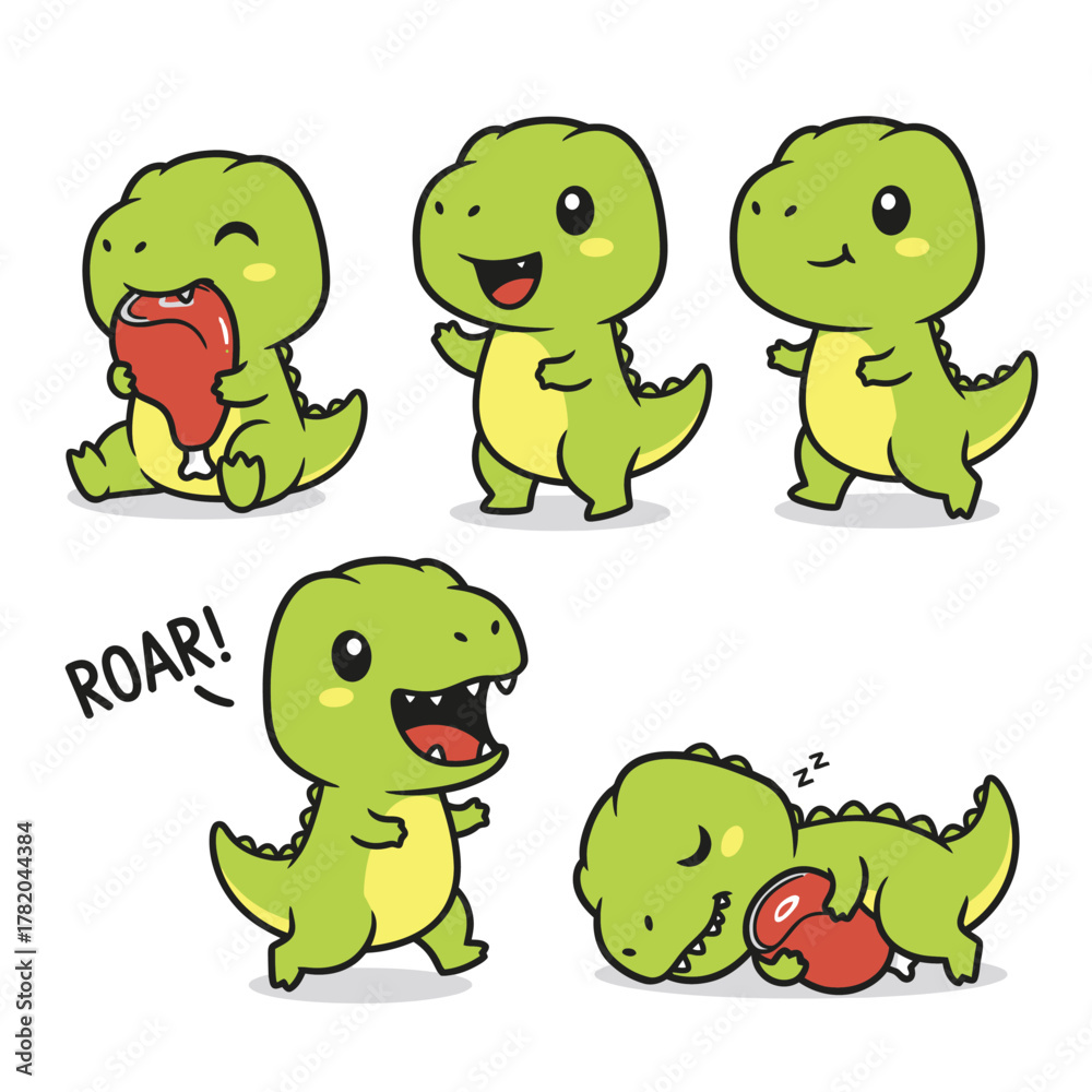 Obraz premium Cute Cartoon Baby Dinosaur Character Set: Adorable Green T-Rex Eating, Waving, Roaring, and Sleeping, Featuring Playful Expressions and Actions