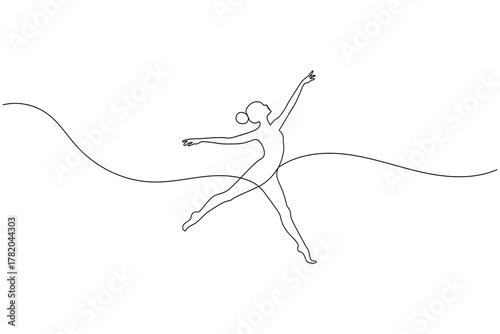 Ballet dancer performing graceful pose in one line minimalist drawing style