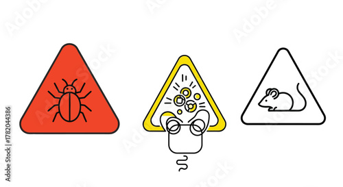 Pest Control and Digital Threat Warning Signs Vector Icons. Set of triangular hazard symbols for insect, rodent, and computer virus alerts.