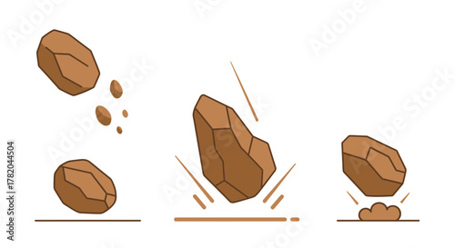 Falling Rocks Impact Sequence Vector Illustration Set. Stone Dropping, Crushing, and Landing Stages on Hard and Soft Surfaces. Geological Physics Concept Icons.