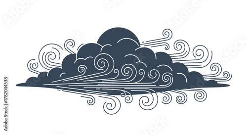 Stylized Dark Storm Cloud with Swirling Wind Gusts and Hidden Sun or Moon Illustration, Graphic Weather Icon Concept