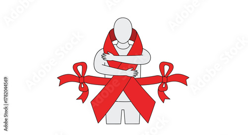 Stylized Person Wrapped in Red Ribbons, Symbolizing Self-Love, Personal Value, and Being a Cherished Gift; Minimalist Graphic Illustration