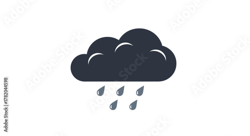 Dark Rain Cloud with Raindrops Icon, Flat Design Weather Symbol on White Background