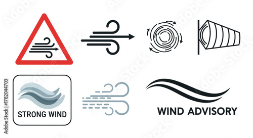 Wind Warning and Advisory Icons Collection: Strong Wind Symbols, Weather Forecast Elements, and Gale Advisory Signs Vector Set