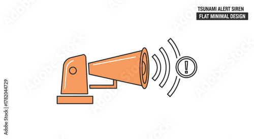 Flat Minimalist Tsunami Alert Siren Icon with Sound Waves and Warning Exclamation Mark - Emergency Disaster Notification System Illustration