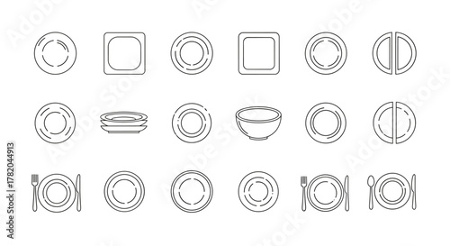 A minimalist collection of outline web line icons representing various plates, bowls, and cutlery, perfect for graphic design, apps, banners, social networks, and cards. This set features clean