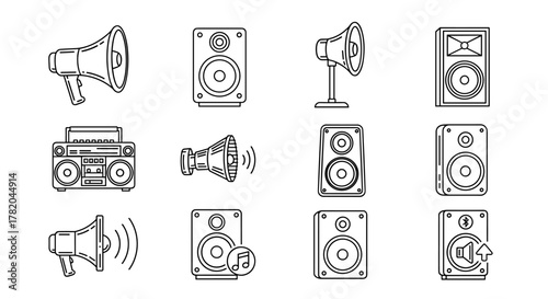 Collection of outline vector icons representing various sound devices, including megaphones, boomboxes, and different types of speakers, suitable for graphic design, web applications, and advertising