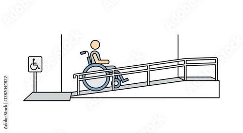 Wheelchair Accessibility Ramp with Person and Disability Sign Line Art Illustration
