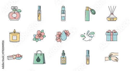Collection of 15 minimalist, flat design icons representing perfume and beauty products, including various perfume bottles, a scented candle, cherry blossoms, a water droplet, a gift box, soap, a
