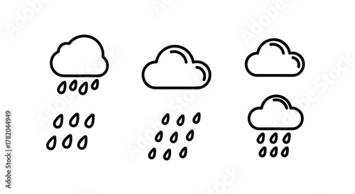 Set of minimalistic cloud icons with rain drops, representing weather conditions. Perfect for web design, graphic design, app interfaces, social media, banners, and cards. Clean vector cartoon