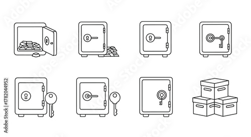 Collection of outline icons representing safe deposit boxes, including an open safe filled with gold bars, safes with keys, and stacked boxes, perfect for infographics, articles, books, flyers, and