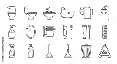 A comprehensive collection of line icons representing essential bathroom and toilet-related items, perfect for graphic and web design, app development, advertisements, and various card designs. This