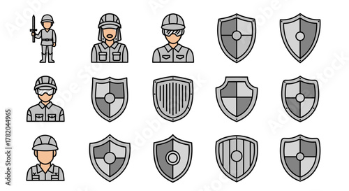 Collection of stylized vector cartoon illustrations featuring soldiers or guards in uniform holding swords and various shield designs, presented on a clean white background, ideal for graphic design