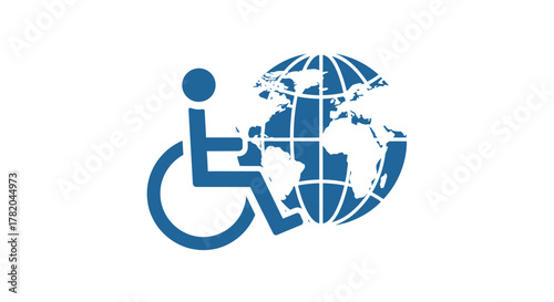 Global Accessibility Icon: Blue Wheelchair Symbol Integrated with Earth Globe on White Background, Representing Disability Inclusion and Universal Access Worldwide
