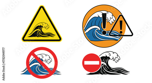 Vector Set of Tsunami and Large Wave Warning Signs and Prohibition Icons, Isolated on White Background for Safety and Hazard Alert