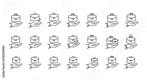 Collection of simple line icons depicting a briefcase held over a hand, symbolizing business, career, and opportunities. The set includes variations with checkmarks, multiple briefcases, and shining