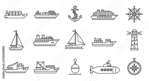 A comprehensive collection of line art icons representing various ships and maritime elements, including cargo ships, sailboats, cruise liners, submarines, lighthouses, anchors, compasses, and ship