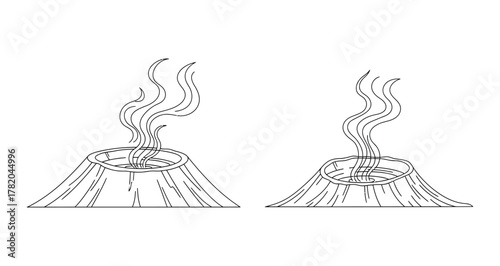 Line Art Illustration of Two Smoking Volcanoes. Outline Vector Drawing of Geological Activity with Steam or Smoke Rising from Mountain Craters on White Background.